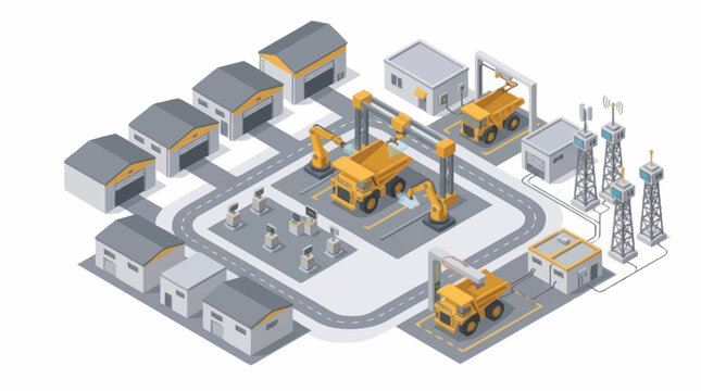 Isometric industrial complex with mining trucks and buildings.