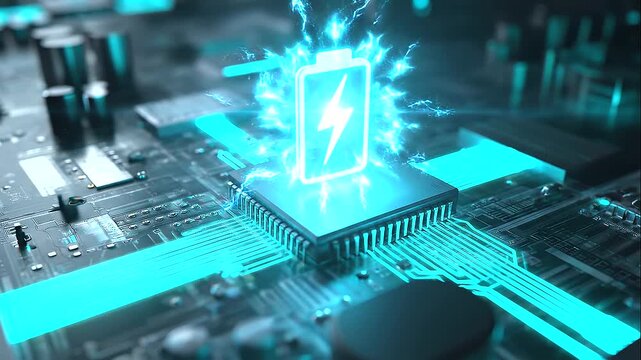 Battery symbol glowing on advanced microchip processor, high-tech energy management system, semiconductor hardware background, digital power innovation, circuit board IoT technology
