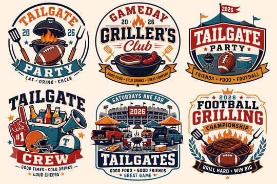 A collection of six vintage-style American football tailgate party and grilling championship emblems, featuring grills, food, footballs, and stadium scenes.