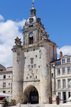 City's belfry and Grosse-Horloge Gate of La Rochelle en Charente-Maritime. South facade of the Town Clock or Gate of  'Grosse Horloge' facing Quai Duperr&eacute; and Old Port
