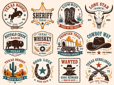 A collection of vintage Western and cowboy themed badges and emblems, featuring various elements like rodeos, sheriffs, boots, buffalo, whiskey, wagons, and desert landscapes.