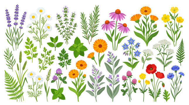 Herbal plants and wildflowers collection, nature botanical illustration