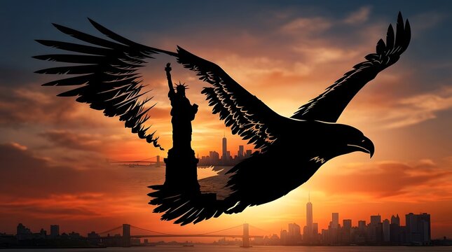 Statue of liberty eagle silhouette with new york city skyline at sunset
