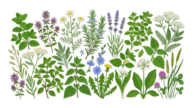 Herbal Plants Collection: Assorted Medicinal and Culinary Herbs with Green Leaves