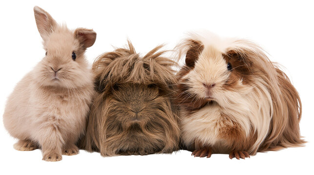 Three fluffy guinea pigs and a rabbit with long fur