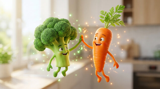 Happy cartoon broccoli and carrot giving each other a high five in a kitchen