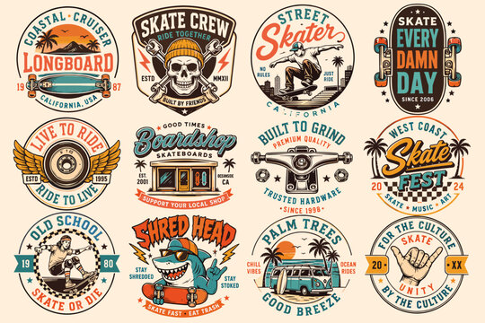 A collection of twelve vintage-style circular emblems and badges featuring various skateboarding and longboarding themes, including skulls, sharks, vans, palm trees, and skateboards.