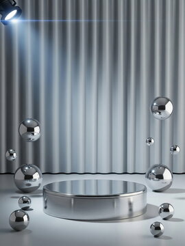 은색 커튼과 금속 구슬이 있는 원형 무대 &middot; Silver Podium Stage with Curtain and Metallic Spheres