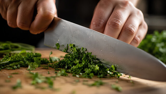 Chef's Hands Chopping Fresh Green Herbs with Knife on Wooden Cutting Board, Culinary Preparation Close-up
