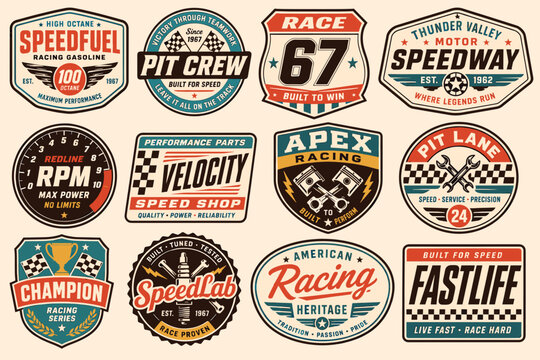 A collection of vintage racing and automotive speed shop emblems, badges, and logos with retro designs and typography.