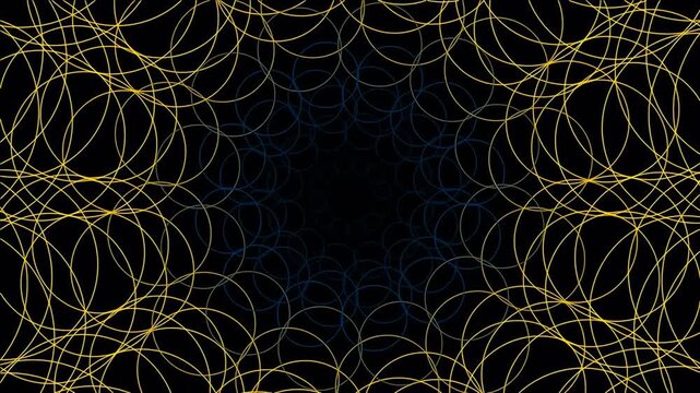 Abstract geometric pattern with overlapping golden circles on black background