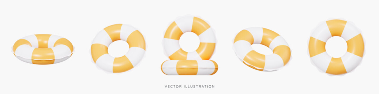 3D Inflatable swimming ring in different angles icon set. Rubber pool toy. Swim lifesaver. Summer time objects. Travel and vacation. Cartoon design icons isolated on white. 3D Vector illustration
