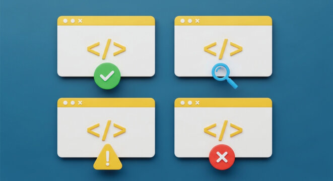 Web development process with coding windows showing status updates, including search, success, warning, and error, indicating progress and issues.