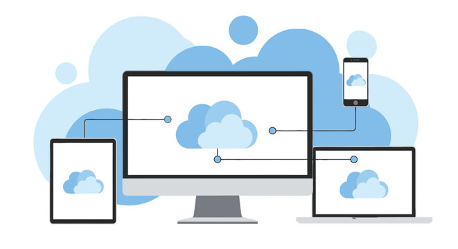 Cloud computing network connectivity concept with digital devices including desktop computer laptop tablet and smartphone syncing data via internet wireless link.