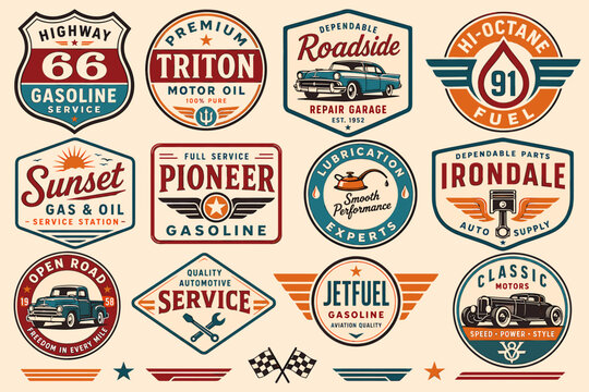 Collection of vintage retro automotive and gasoline service station emblems and logos, featuring classic cars, fuel pumps, and repair tools.