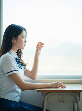 교실 창가에 앉아 밖을 바라보는 여학생 &middot; Schoolgirl Sitting by Classroom Window Looking Outside