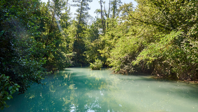 Turquoise river surrounded by forest at Sentier Elsa in Tuscany Italy