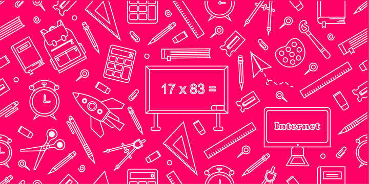 School themed doodles seamless pattern. School supplies pattern in doodle style. Back to school seamless pattern background. School elements doodle pattern background. 