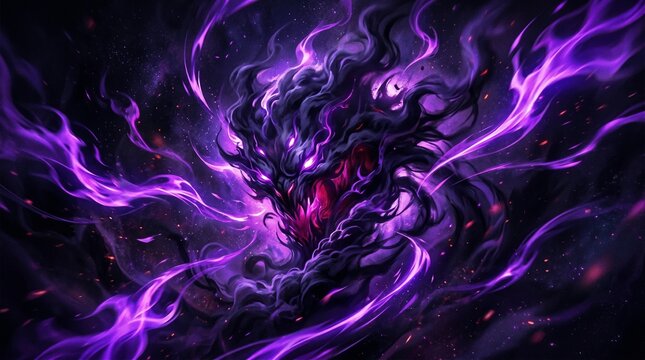 Dark Fantasy Shadow Monster with Glowing Eyes and Purple Ethereal Smoke Flames
