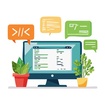 Computer screen displaying code with plants and speech bubbles