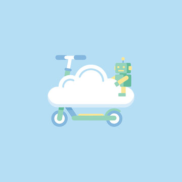 A small green robot rides a white cloud on a scooter