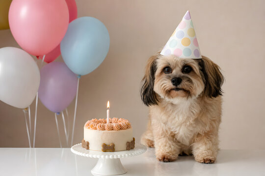 Small dog celebrating gotcha day with cake