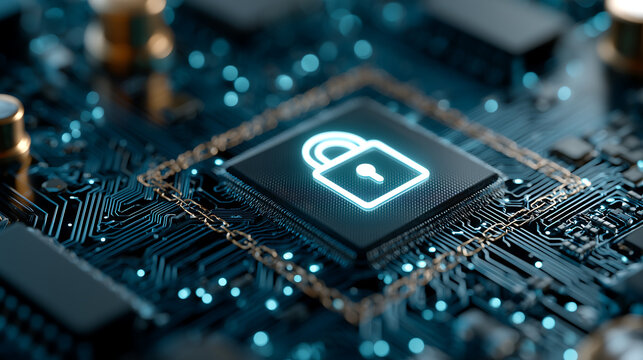 Glowing neon padlock icon on central microchip surrounded by golden metal chain frame over blue circuit board, hardware blockchain data encryption cybersecurity concept