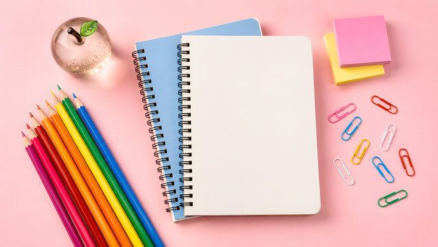Stationery supplies and spiral notebooks on a pink background with post its notebook stationery supplies education creative organization planning background colorful paperclips academic