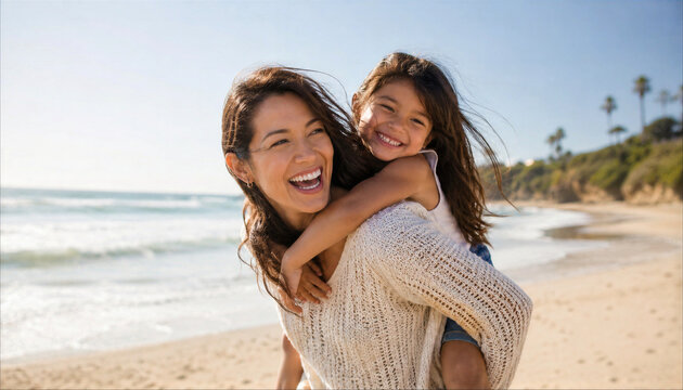 Happy mother giving piggyback ride to daughter on sunny beach during summer vacation, family laughing and bonding by the ocean