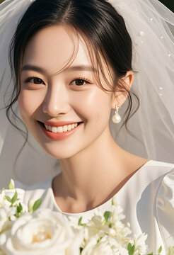 흰 장미 부케를 든 행복한 신부 &middot; Happy Bride With White Rose Bouquet Smiling