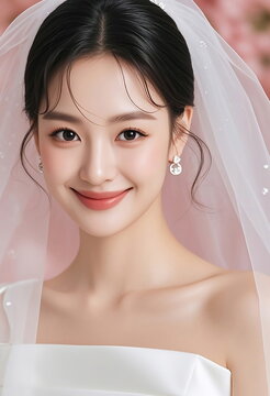 면사포를 쓰고 미소 짓는 신부 &middot; Smiling Bride With Veil Against Pink Floral Background