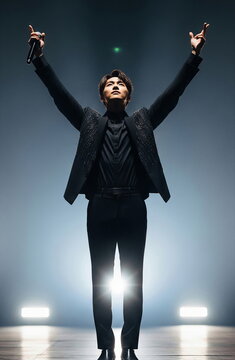 역광 무대에서 두 팔을 든 남자 공연자 &middot; Male Performer Raising Both Arms on Backlit Stage