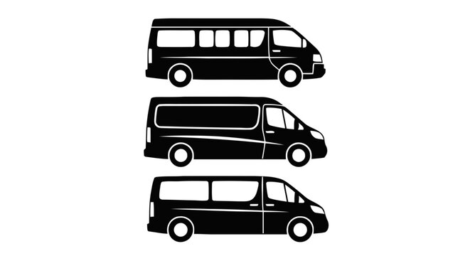 Vector illustration of set of black silhouettes of different types of vans on a transparent background