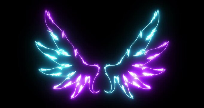 Neon Angel Wings Glowing in Blue and Purple on Black Background &ndash; Futuristic Light Wing Design 4k.