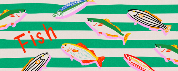 Naklejka premium Colorful fish pattern with Mediterranean seafood illustrations and striped coastal background. Ideal for packaging, textiles, restaurant branding, stationery, wrapping paper, summer-themed decor