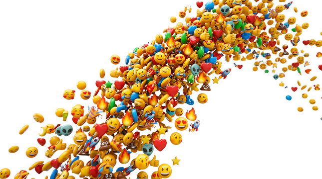 Vibrant emoji explosion on white background, colorful 3D emoticons flying in a wave, diverse social media icons for digital communication and marketing