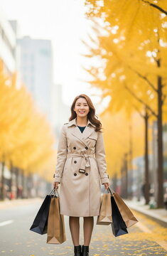 은행나무 거리에서 쇼핑백을 들고 걷는 트렌치코트 여성 &middot; Woman in Trench Coat Walking Ginkgo Street with Shopping Bags