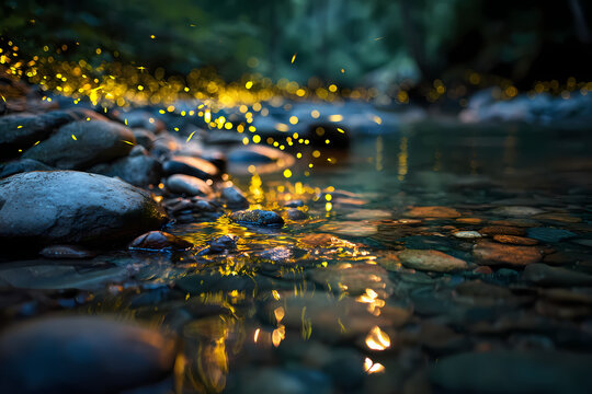 Close up of river pebbles with glowing firefly bokeh lights