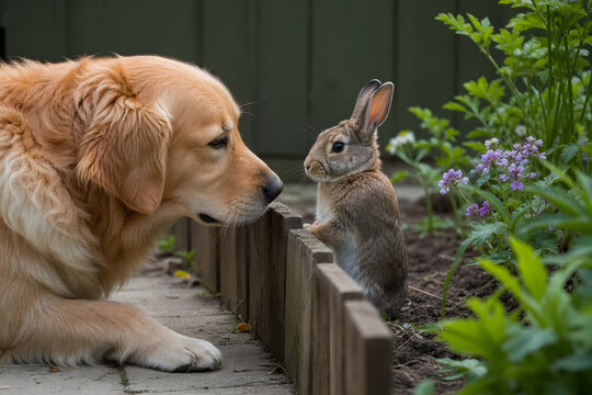 Gentle garden meeting between dog and rabbit