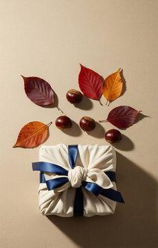 밤과 낙엽을 곁들인 보자기 선물 플랫레이 &middot; Bojagi Gift Flat Lay with Chestnuts and Autumn Leaves