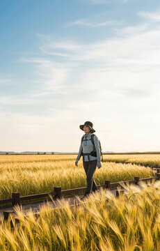 황금 들판을 걷는 모자 쓴 사람 &middot; Person in Hat Walking Through Golden Field