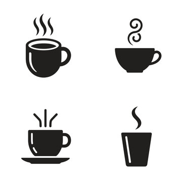 Black coffee cup icons steam rising.