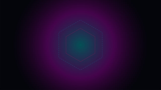 Abstract geometric hexagon shape concept with neon outlines on dark gradient background.