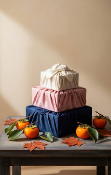 감과 단풍으로 장식한 3단 보자기 선물 &middot; Stacked Bojagi Gifts with Persimmons and Autumn Leaves