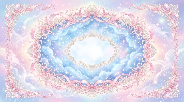 Pastel Pink and Blue Dreamy Frame with Ribbons and Clouds, Magical Fantasy Background with Sparkles and Bows for Greeting Cards