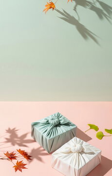 민트와 핑크 배경의 보자기 선물과 단풍잎 &middot; Bojagi Gifts with Maple Leaves on Mint and Pink Background