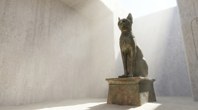 Bronze statue of the Egyptian goddess Bastet in an ancient sunlit temple