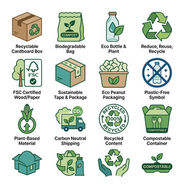 Eco friendly packaging and recycling icons representing sustainable containers.