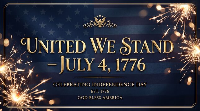 Patriotic United We Stand Independence Day banner, July 4 1776 celebration with sparklers, elegant gold text on American flag background