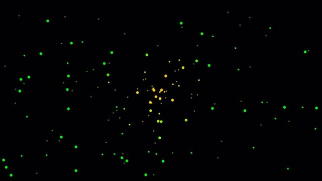 Abstract digital art with glowing green and yellow squares on black background